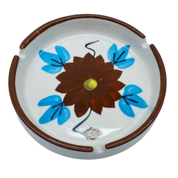 Vtg Otagiri Japan Hand-Painted Ceramic Ashtray Trinket Bowl Floral Brown Blue - Picture 1 of 11